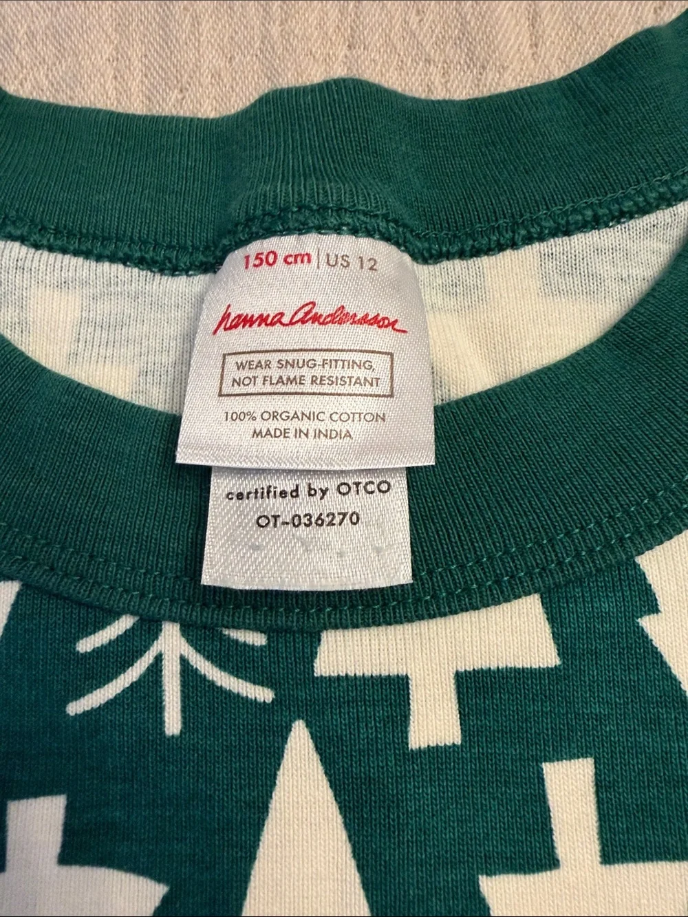 Like new! Hanna Andersson Organic Cotton Green & White Tree Pajama Set, sz 12